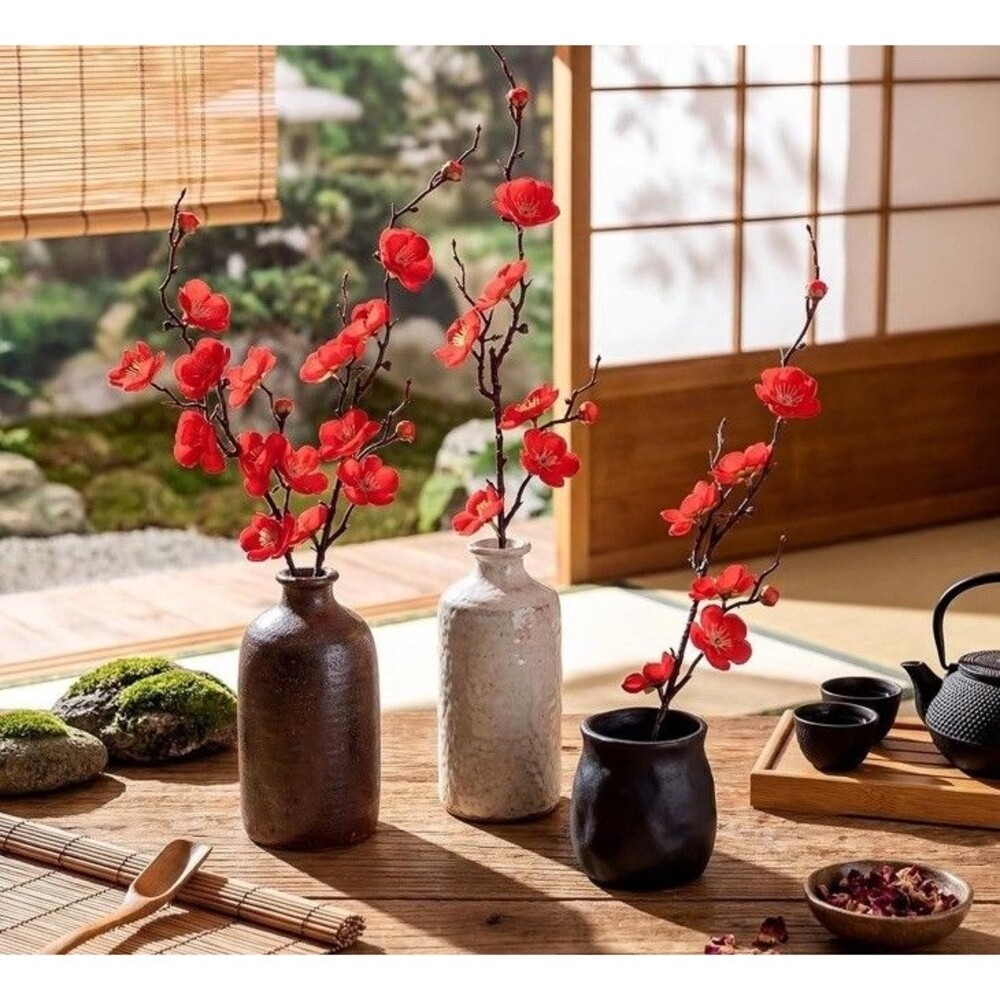 5pc Artificial Red Plum Blossom Faux Flowers Fake Plum Blossoms Plastic Flow...